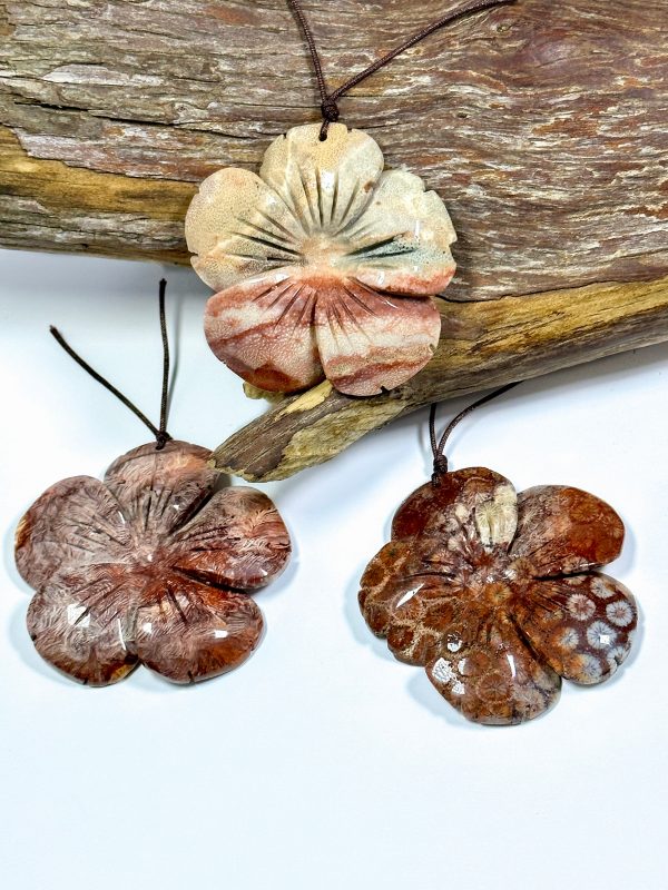 Hand Carved Natural Fossil Coral Gemstone Pendant 54mm Flower Shape, Beautiful Orange Red Beige Color Hand Carved Loose Fossil Coral Pendant Hot on Sale