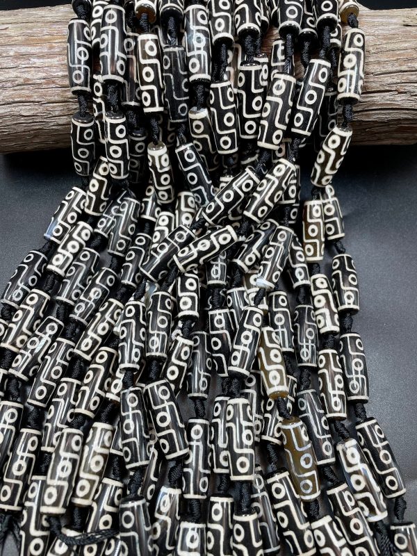 Natural Hand Painted Tibetan Gemstone Bead 10x30mm Barrel Tube Shape, Beautiful Black White Hand Painted Tibetan Stone Bead Full Strand 15.5  For Sale