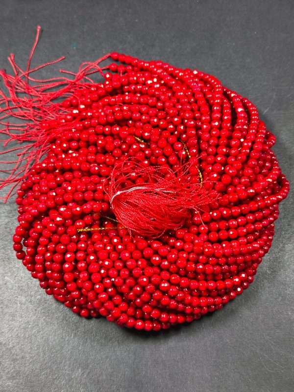 Natural Red Coral Gemstone Bead Faceted 3mm 5mm Round Beads, Beautiful Natural Red Color Bamboo Coral Gemstone Beads, Great Quality 15.5  Online Sale