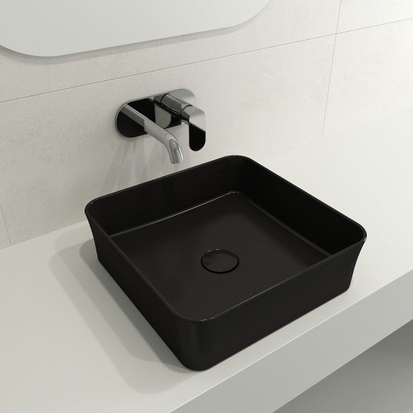 BOCCHI Sottile 15  Matte Black Square Vessel Fireclay Bathroom Sink with Drain Cover For Sale