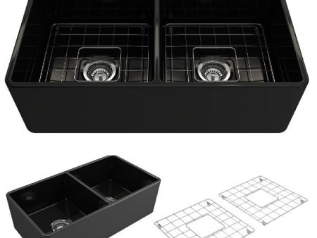 BOCCHI Classico 33D Black Fireclay Farmhouse Sink Double Bowl W  Grid Sale