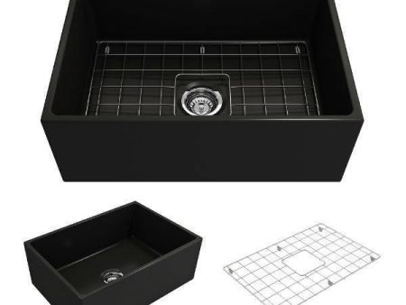 BOCCHI Contempo 27 Matte Black Fireclay Single Bowl Farmhouse Sink w  Grid For Sale