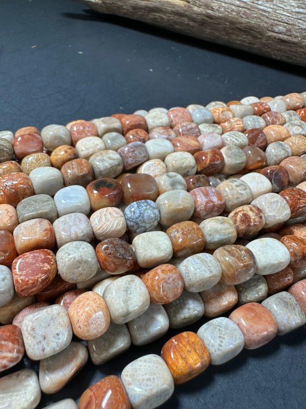 AAA Natural Fossilized Coral Agate Gemstone Beads 11x9mm Cube Shape, Brown Gray Beads, Great Quality Beads, Full length 15.5 inches Online Hot Sale