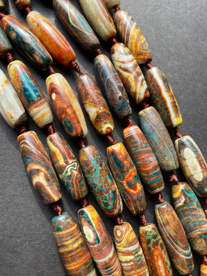 Beautiful Natural Tibetan Gemstone Bead 14x40mm Barrel Shape, Gorgeous Multicolor Brown Blue Colors Tibetan Gemstone Bead Full Strand 15.5  Online Sale