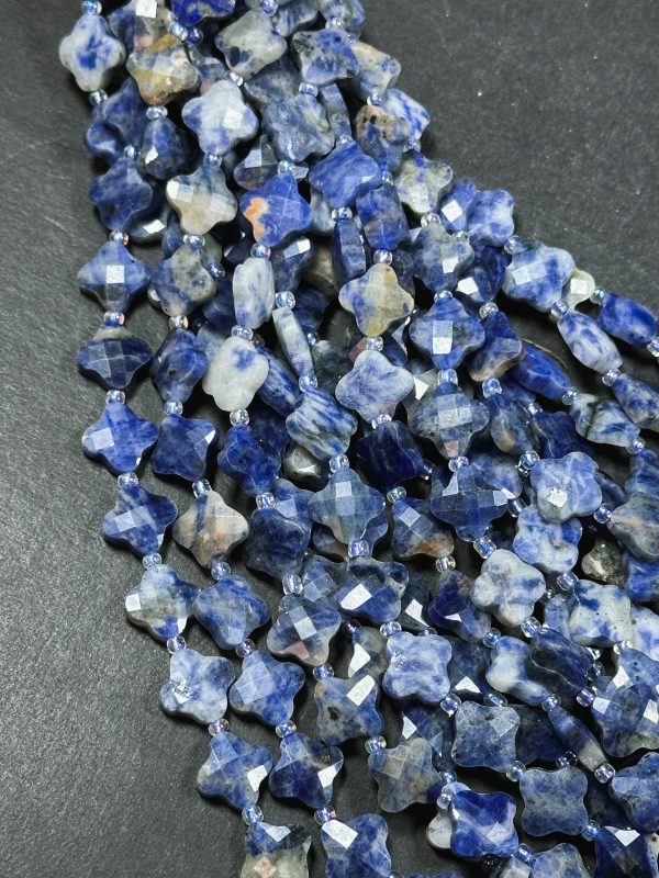 Natural Sodalite Gemstone Bead Faceted 12mm Clover Flower Shape Bead, Gorgeous Natural Blue White Color Sodalite Gemstone Beads 15.5  Strand For Cheap