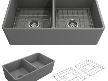 BOCCHI Classico 33D Matte Gray Fireclay Farmhouse Sink Double Bowl W  Grid Online