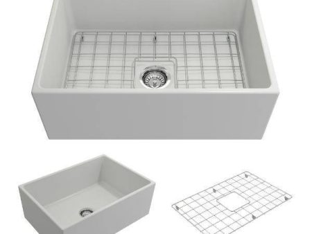 BOCCHI Contempo 27 Matte White Fireclay Single Bowl Farmhouse Sink w  Grid Hot on Sale