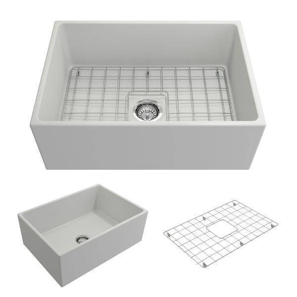 BOCCHI Contempo 27 Matte White Fireclay Single Bowl Farmhouse Sink w  Grid Hot on Sale