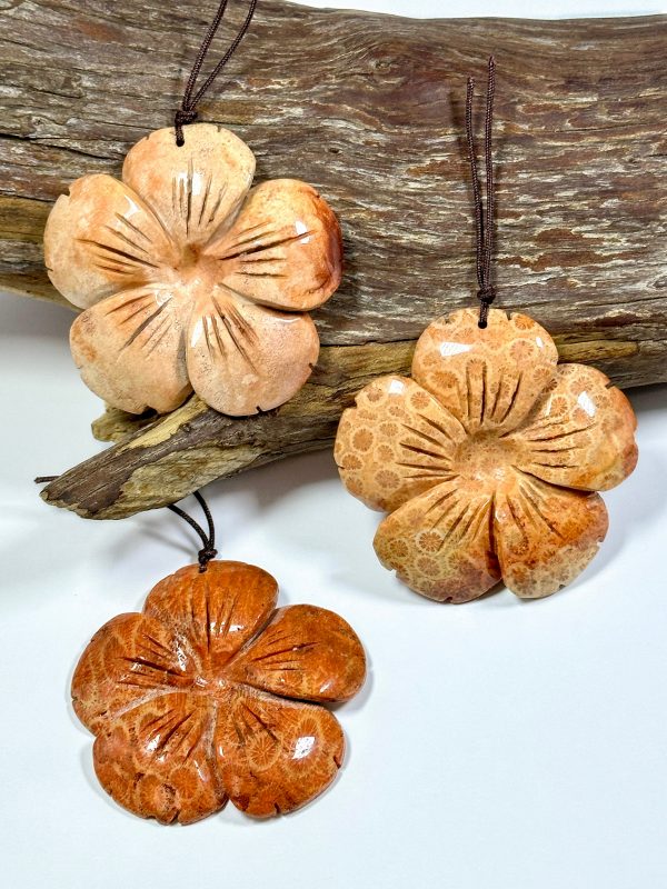 Hand Carved Natural Fossil Coral Gemstone Pendant 54mm Flower Shape, Beautiful Orange Red Beige Color Hand Carved Loose Fossil Coral Pendant Hot on Sale