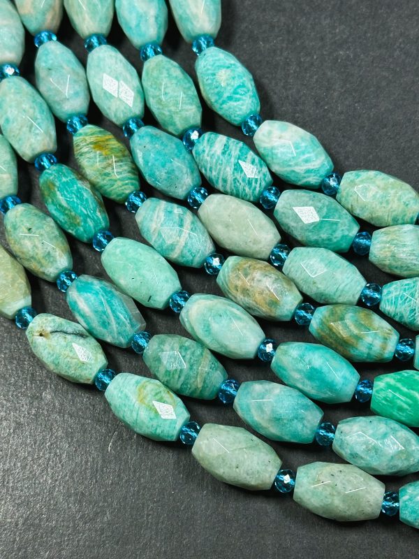 Natural Amazonite Gemstone Bead Faceted 15x10mm Barrel Shape, Gorgeous Natural Green Blue Color Amazonite Gemstone Bead Full Strand 15.5  Cheap