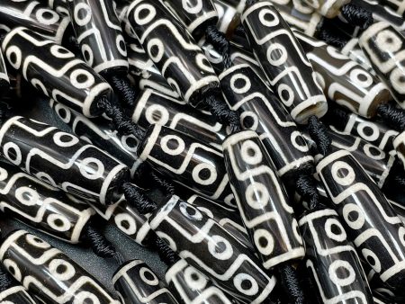 Natural Hand Painted Tibetan Gemstone Bead 10x30mm Barrel Tube Shape, Beautiful Black White Hand Painted Tibetan Stone Bead Full Strand 15.5  For Sale