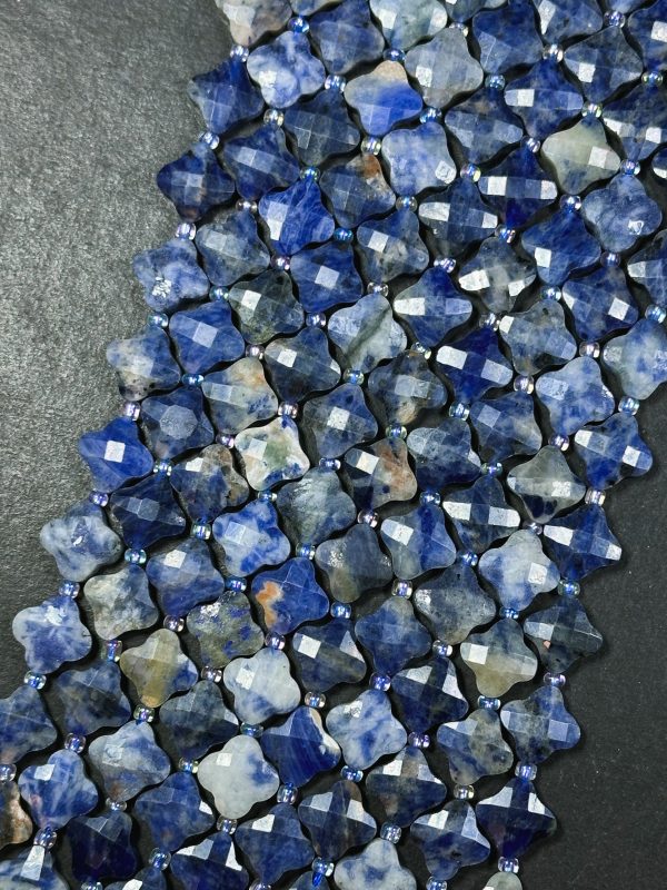 Natural Sodalite Gemstone Bead Faceted 12mm Clover Flower Shape Bead, Gorgeous Natural Blue White Color Sodalite Gemstone Beads 15.5  Strand For Cheap