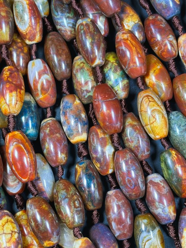 NATURAL Tibetan Agate Gemstone Bead 24x13mm Barrel Shape, Gorgeous Multicolor Orange Brown Color Tibetan Gemstone Bead Excellent Quality Fashion