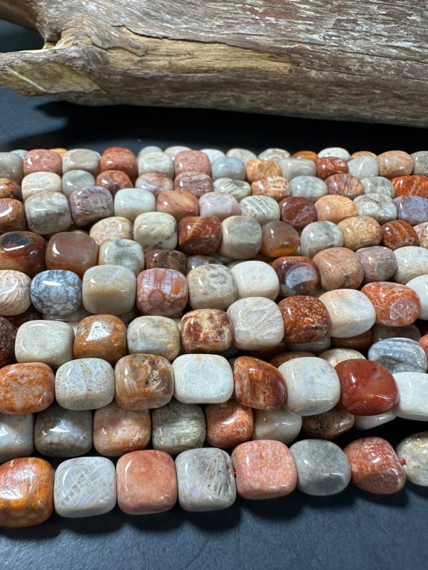 AAA Natural Fossilized Coral Agate Gemstone Beads 11x9mm Cube Shape, Brown Gray Beads, Great Quality Beads, Full length 15.5 inches Online Hot Sale