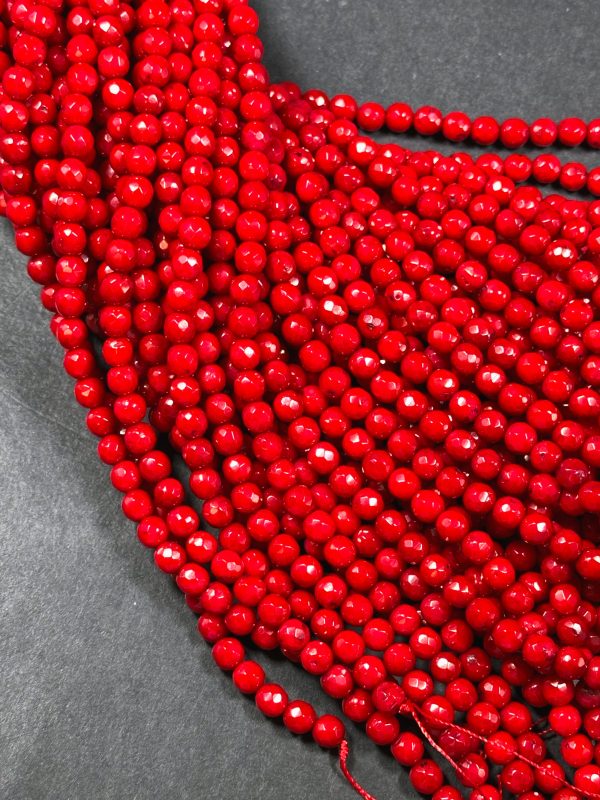 Natural Red Coral Gemstone Bead Faceted 3mm 5mm Round Beads, Beautiful Natural Red Color Bamboo Coral Gemstone Beads, Great Quality 15.5  Online Sale