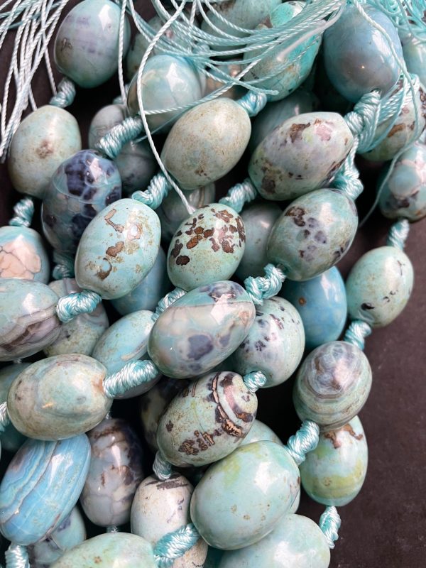 Beautiful Natural Dragon Skin Agate Gemstone Bead 15x24mm Barrel Shape, Gorgeous Blue Color with Brown Dots Gemstone Bead, Full Strand 15.5  For Sale