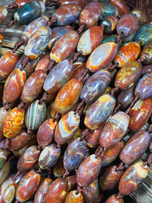 NATURAL Tibetan Agate Gemstone Bead 24x13mm Barrel Shape, Gorgeous Multicolor Orange Brown Color Tibetan Gemstone Bead Excellent Quality Fashion