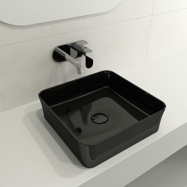 BOCCHI Sottile 15  Black Square Vessel Fireclay Bathroom Sink with Drain Cover on Sale