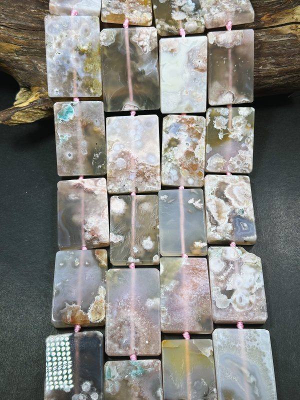 Natural Cherry Blossom Flower Agate Gemstone Bead Rectangle Shape Beads, Gorgeous Natural Light Pink Beige Color Flower Agate Beads 15.5  Fashion