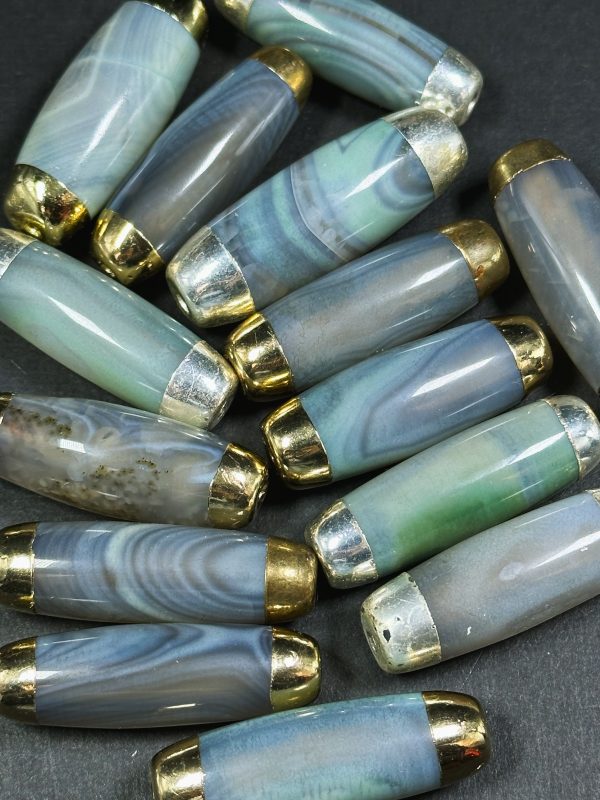 Natural Dragon Skin Agate Gemstone 40x14mm Barrel Shape Bead, Gorgeous Clear Green-Blue Color Stone Beads, Filled Edges, Loose Focal Beads Online Hot Sale