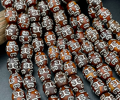 Natural Tibetan Agate Gemstone Bead 12x15mm Barrel Shape, Brown Color w  Hand Painted Designs 15.5  For Sale