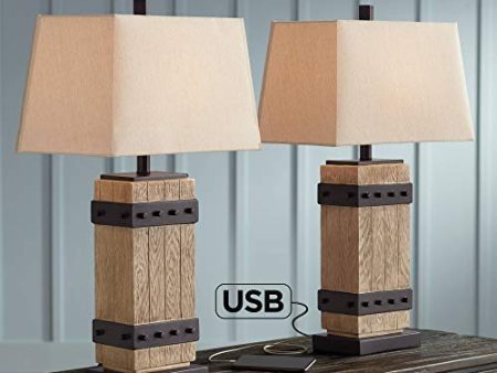 Silas Rustic Table Lamp Set of 2 Faux Wood Faux Iron Off White Tapered Rectangular Shade for Living Room Bedroom Bedside Nightstand Office Family - John Timberland Online now