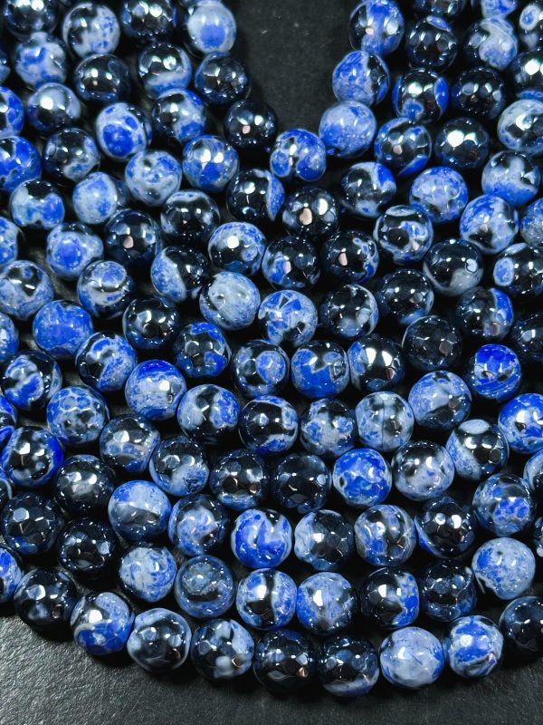 Mystic Natural Tibetan Agate Gemstone Bead Faceted 8mm 10mm Round Beads, Beautiful Mystic Blue Black Agate Stone Beads, Full Strand 15.5  Supply