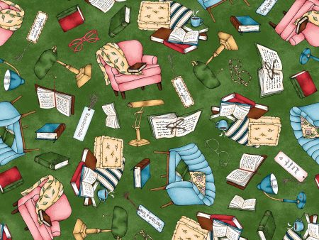 35.5  EOB Readerville Cozy Corner Fabric MAS10231-GEOB Green by Kris Lammers for Maywood Studio For Cheap