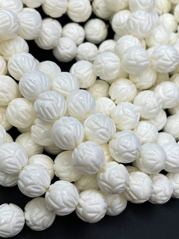 AAA Natural Hand Carved Shell Bead 8mm 10mm 12mm Round Beads, Unique Hand Carved White Shell High Quality Beads Online Sale