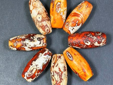 AAA Hand Painted Tibetan Gemstone Bead 29x13mm Barrel Shape Bead, Beautiful Orange Beige Color Unique Design Tibetan Agate LOOSE BEADS Cheap