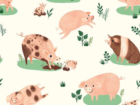 7.5  EOB Happy Pigs Cotton Fabric Cream CLTY3252-2EOB Dale Farm by Rebecca Jones for Clothworks Fashion