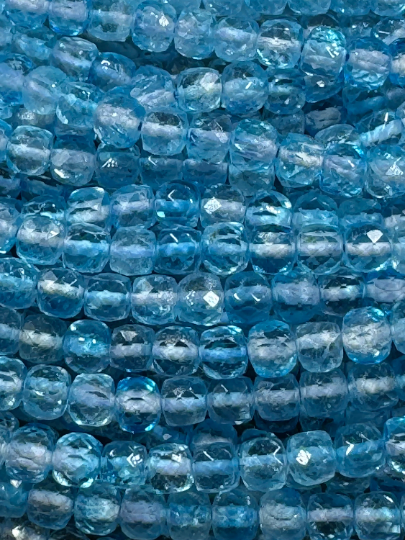 AAA Blue Topaz Gemstone Bead Faceted 4mm Cube Shape Bead, Gorgeous Natural Sea Blue Color Topaz Gemstone Bead, Full Strand 15.5  For Sale