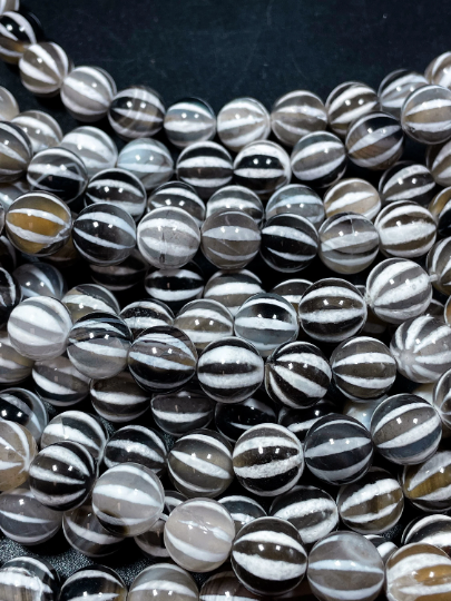 Natural Tibetan Gemstone Bead 6mm 8mm 10mm Round Bead, Beautiful White Black Dzi Striped Tibetan Agate Bead 15.5  Strand Online now