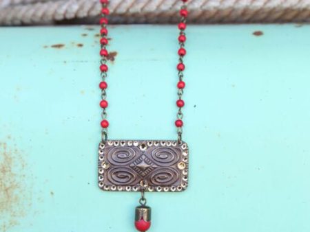 Red Bead Chain Linked w  Aztec Stamped Pendant For Discount