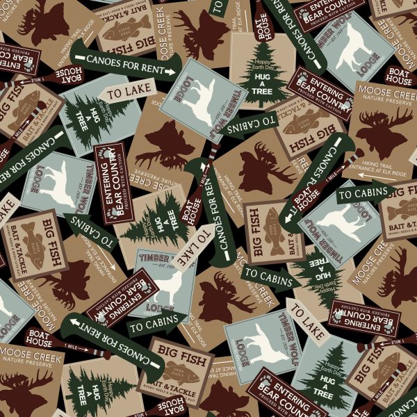 Lodging Signs Cotton Fabric Black KAS12920-12 Moose Creek Lodge by Kanvas Studio For Cheap