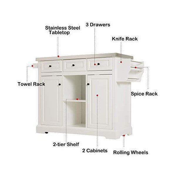 HOMCOM 50  White Portable  Rolling Kitchen Island with Stainless Steel Top Sale