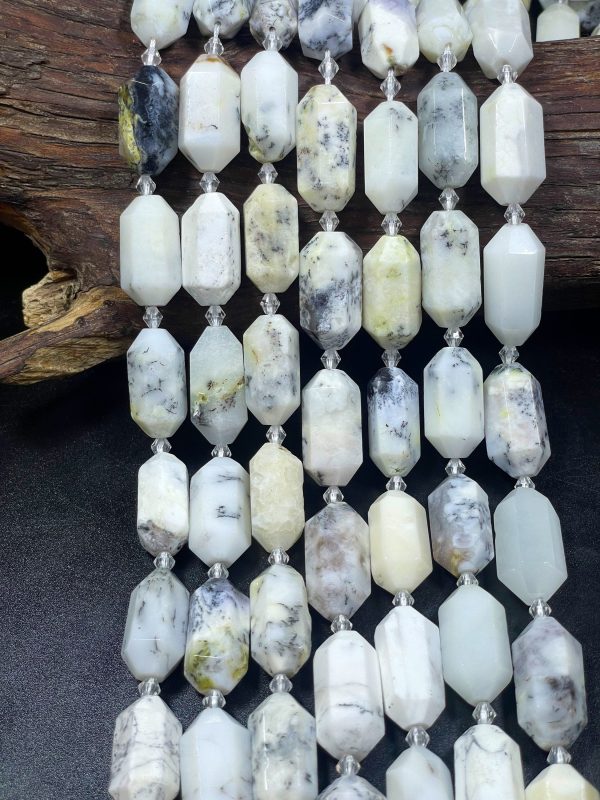 Natural White Opal Gemstone Bead Faceted 13x27mm Barrel Shape, Gorgeous Natural White Color w  Black Points, 15.5  Strand For Sale