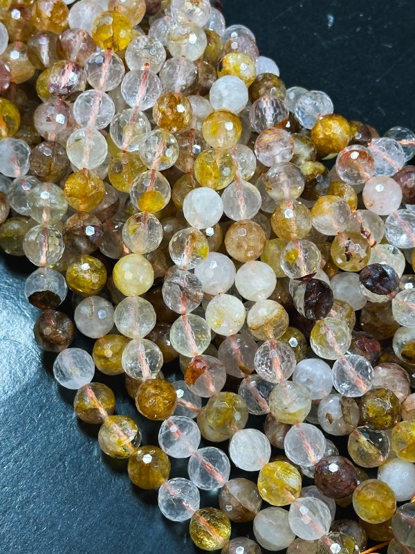 Natural Rutilated Golden Healer Quartz Gemstone Bead Faceted 6mm 8mm 10mm Round Bead, Beautiful Golden Yellow Clear Quartz Bead 15.5  Strand Online Sale