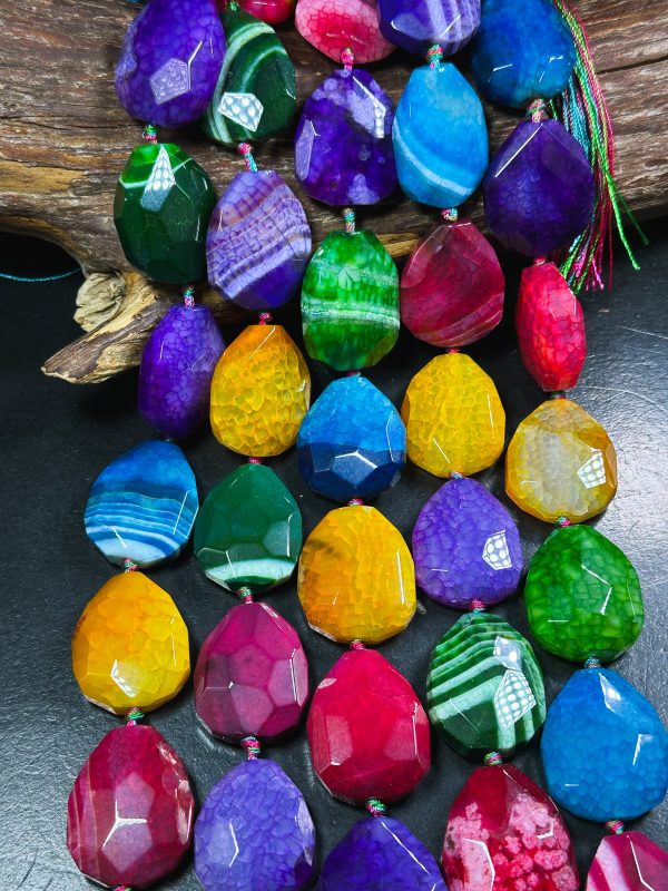 Natural Dragon Skin Agate Gemstone Bead Faceted 36x30mm Teardrop Shape, Beautiful Multicolor Rainbow Dragon Skin Agate Beads, 15.5  Strand Sale