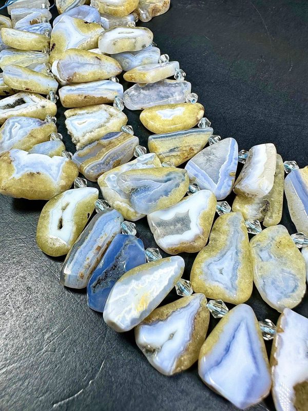 NATURAL Blue Lace Agate Gemstone 23x11 to 40x20mm Flat Freeform Shape Bead. Beautiful Blue White Color Loose Beads. Full Strand 15.5  Fashion