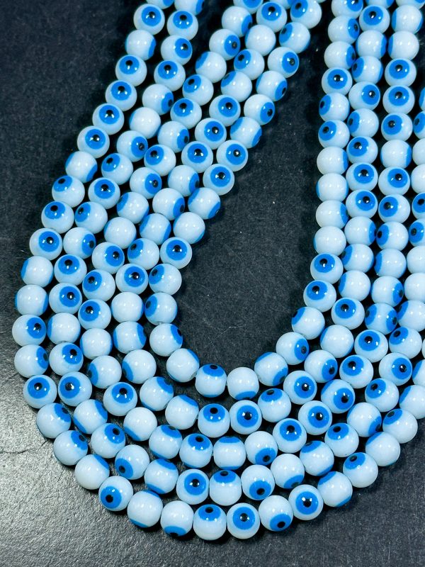 Beautiful Evil Eye Glass Beads 8mm Round Beads, Beautiful White with Blue Eyes Evil Eye Amulet Glass Beads, Full Strand Glass Beads For Discount