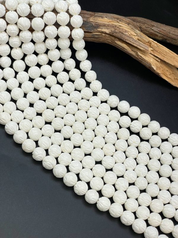 AAA Natural Hand Carved Shell Bead 8mm 10mm 12mm Round Beads, Unique Hand Carved White Shell High Quality Beads Online Sale