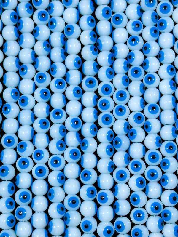 Beautiful Evil Eye Glass Beads 8mm Round Beads, Beautiful White with Blue Eyes Evil Eye Amulet Glass Beads, Full Strand Glass Beads For Discount