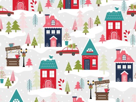 Christmas Neighborhood Cotton Fabric Gray MAS10203-K Cup of Cheer by Kimberbell for Maywood Studio For Sale