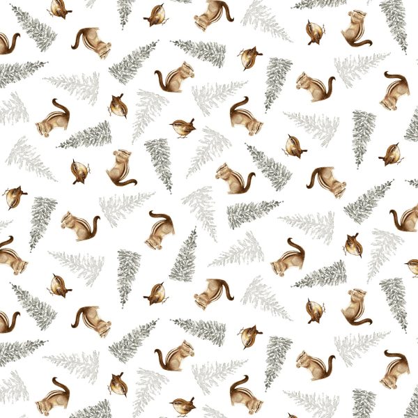 Chipmunks & Birds Cotton Fabric White HEG454-3 Little Ones by Dawn Rosengren for Henry Glass Hot on Sale