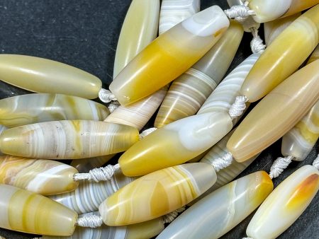 NATURAL Botswana Agate Gemstone Bead 38x12mm to 45x13mm Barrel Shape Beads, Beautiful White Yellow Color Botswana Beads Full Strand 15.5  Online Sale