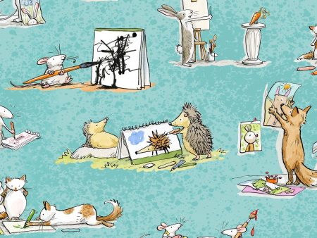 Animal Scenes Cotton Fabric Aqua l CLTY3642-33 Art Club by Anita Jeram for Clothworks For Discount