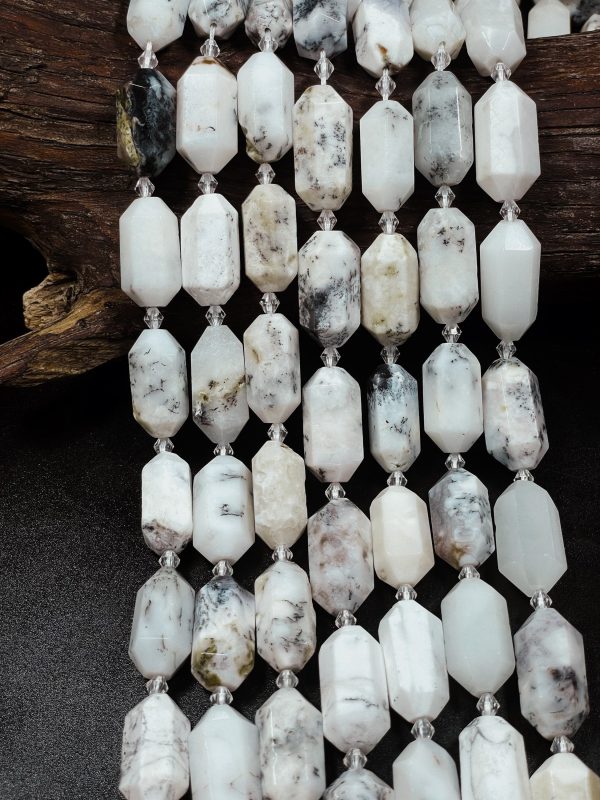 Natural White Opal Gemstone Bead Faceted 13x27mm Barrel Shape, Gorgeous Natural White Color w  Black Points, 15.5  Strand For Sale