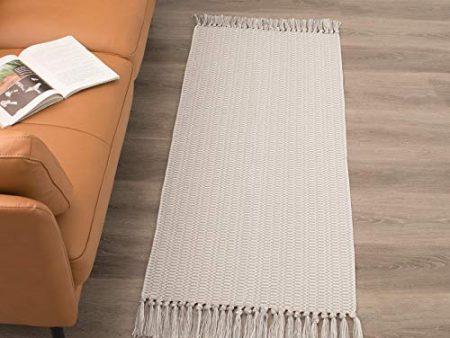 Boho Kitchen Rug Runner with Tassels, Woven Farmhouse Entryway Modern Small Cotton Bathroom Rugs, Accent Rustic Washable Bath Mat Indoor Floor Door Mat, 2 x4.3  Light Grey Supply