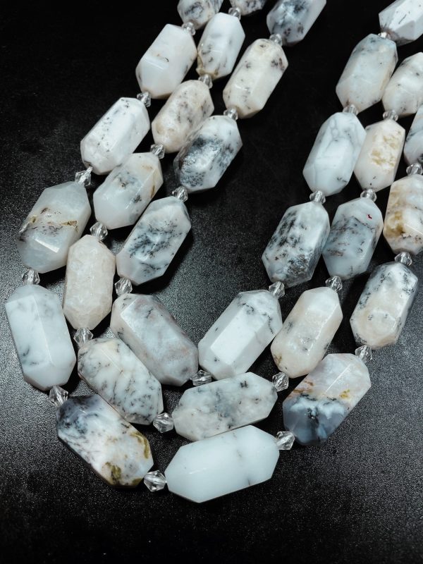 Natural White Opal Gemstone Bead Faceted 13x27mm Barrel Shape, Gorgeous Natural White Color w  Black Points, 15.5  Strand For Sale